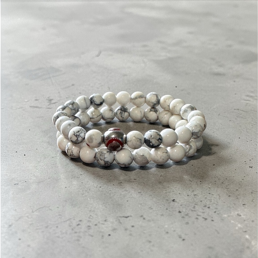 White Howlite Beaded Stretch Bracelet with Accent Baseball Bead